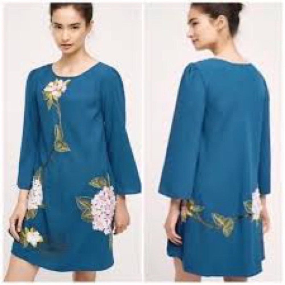Anthropologie Varun Bahl Hydrangea Floral Swing Dress in Teal Blue NWT Size 4